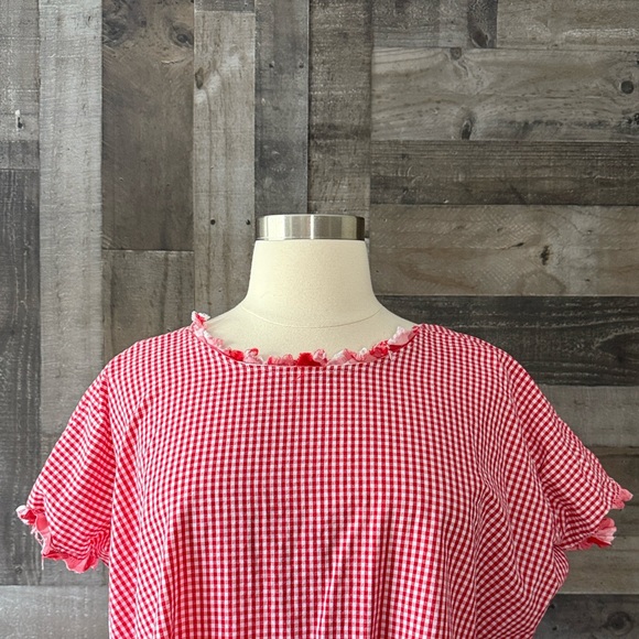 Handmade red gingham plaid ruffle trim top large festival boho garden party - Picture 2 of 10